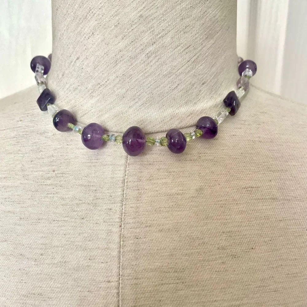 Amethyst and green beaded natural stones necklace